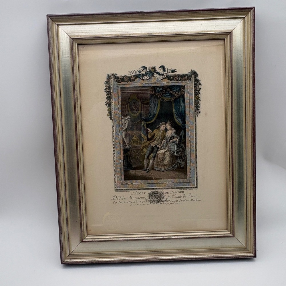 Antique 1772 L'Ecole de l'Amour Hand Colored Engraving Framed Rococo Art 18x15